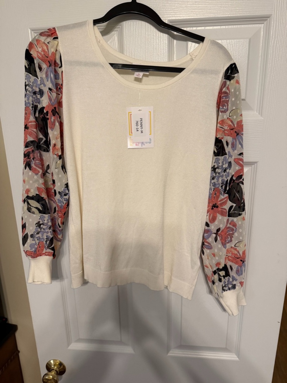 LuLaRoe Penny - Cream Knit Top with Blue Accent Nails